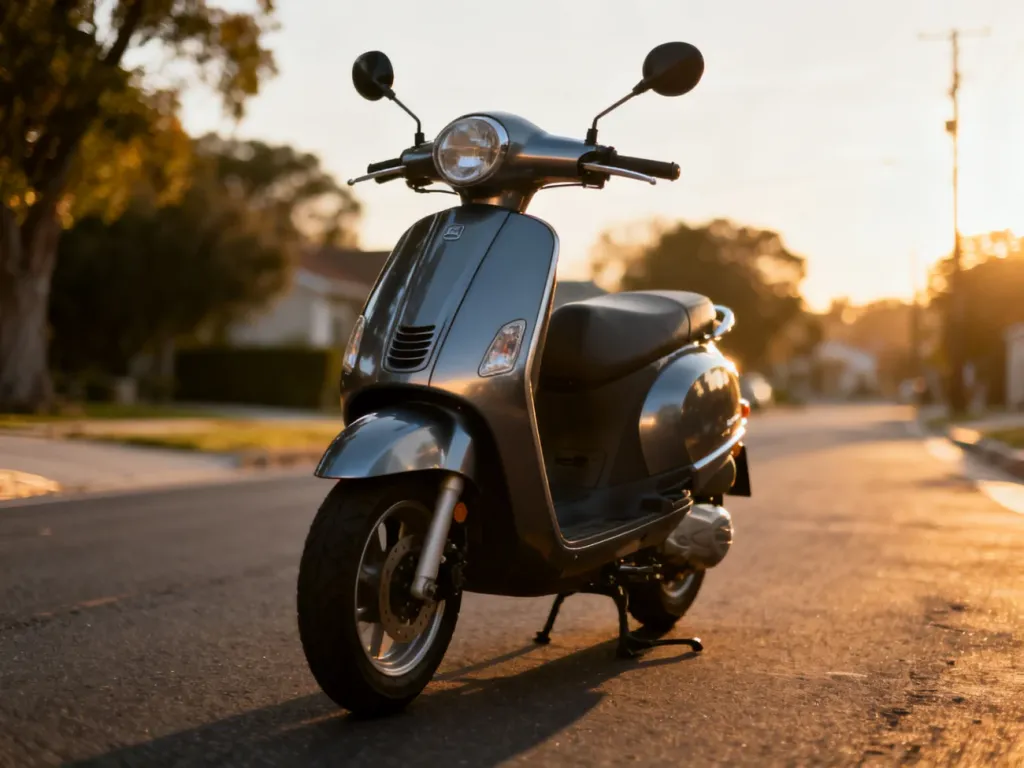 Nowoczesny motorower o pojemności 50 cm³ zaparkowany na asfaltowej drodze w świetle zachodzącego słońca.