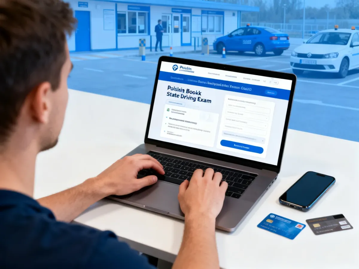 Kandydat na kierowcę rezerwujący egzamin państwowy online przy laptopie