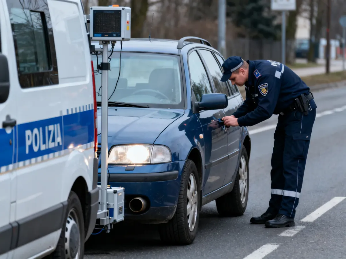 Policjant sprawdzający stan techniczny samochodu podczas kontroli drogowej