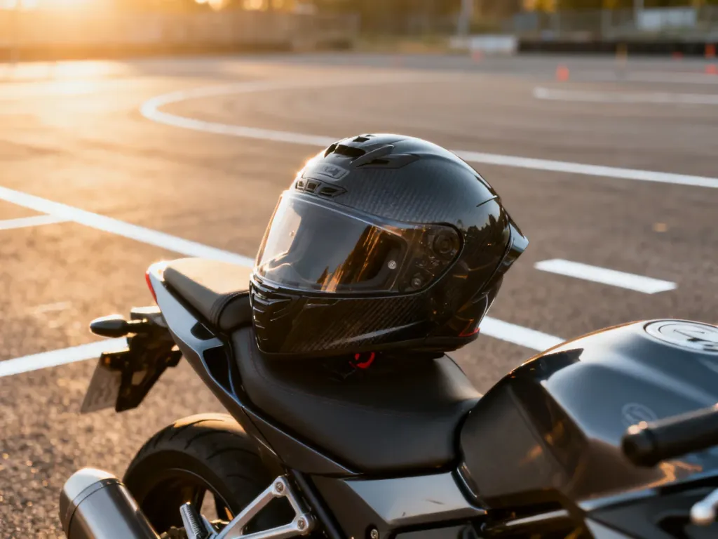 Profesjonalny kask motocyklowy na siedzeniu motocykla na placu manewrowym przygotowanym do nauki jazdy.