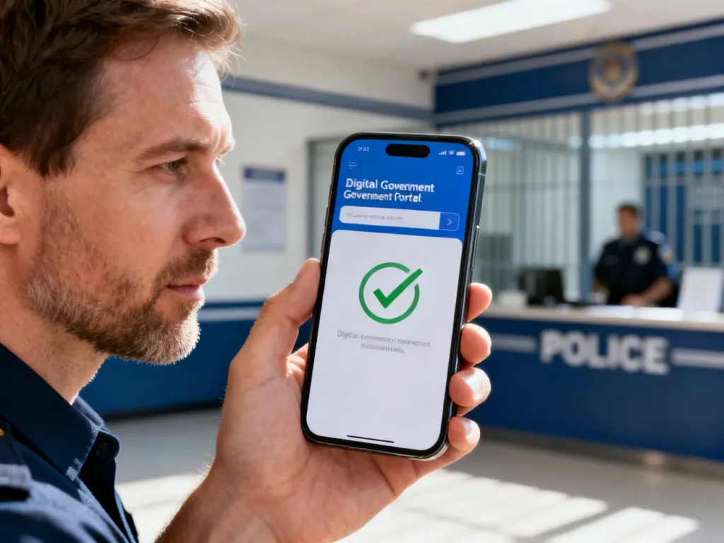 Mężczyzna sprawdza stan punktów karnych na ekranie smartfona w urzędowym portalu internetowym.