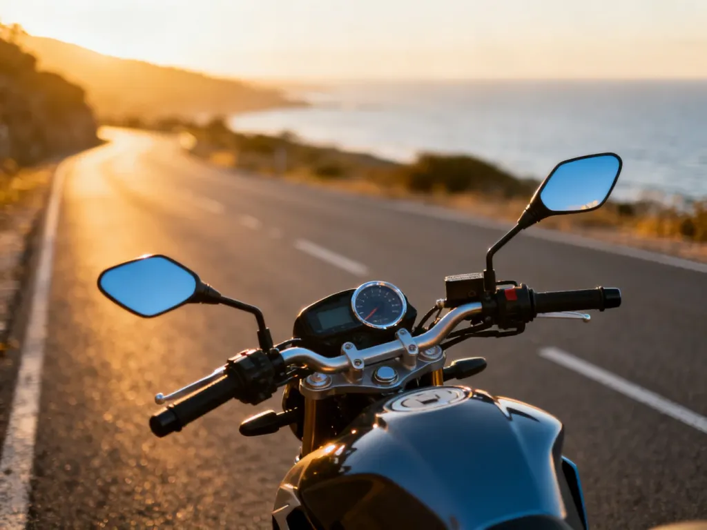Nowoczesny motocykl zaparkowany na malowniczej nadmorskiej drodze podczas zachodu słońca.