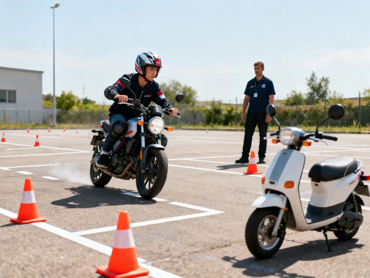 Młody kursant ćwiczący jazdę motorowerem na placu manewrowym