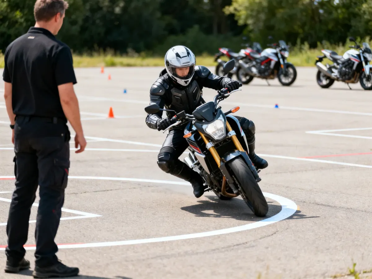Kursant motocykla ćwiczący manewry na placu szkoleniowym pod nadzorem instruktora