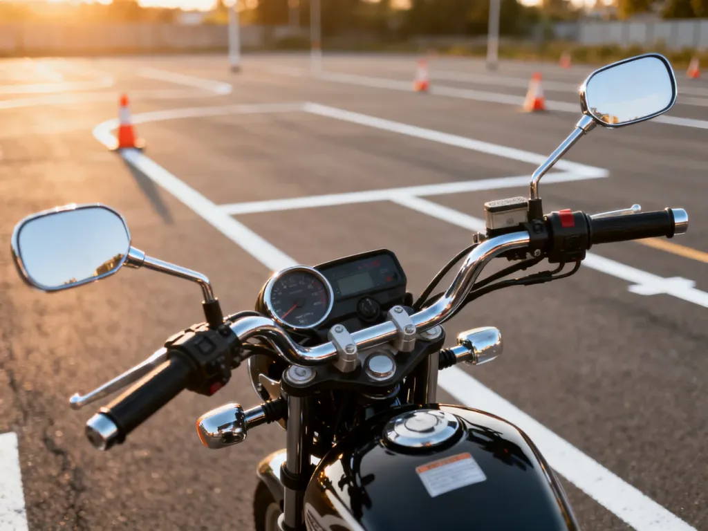 Nowoczesny motocykl zaparkowany na placu manewrowym przygotowanym do szkolenia kursantów kategorii A.