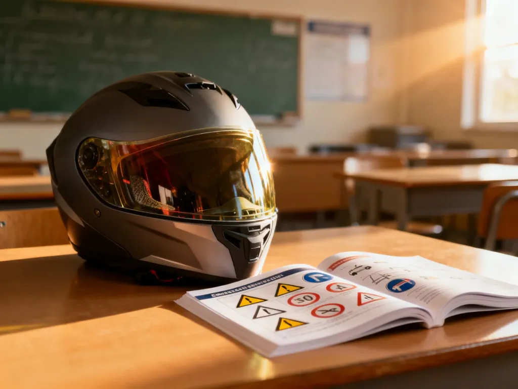 Kask motocyklowy leżący na podręczniku z przepisami ruchu drogowego, przygotowujący do egzaminu teoretycznego na prawo jazdy.