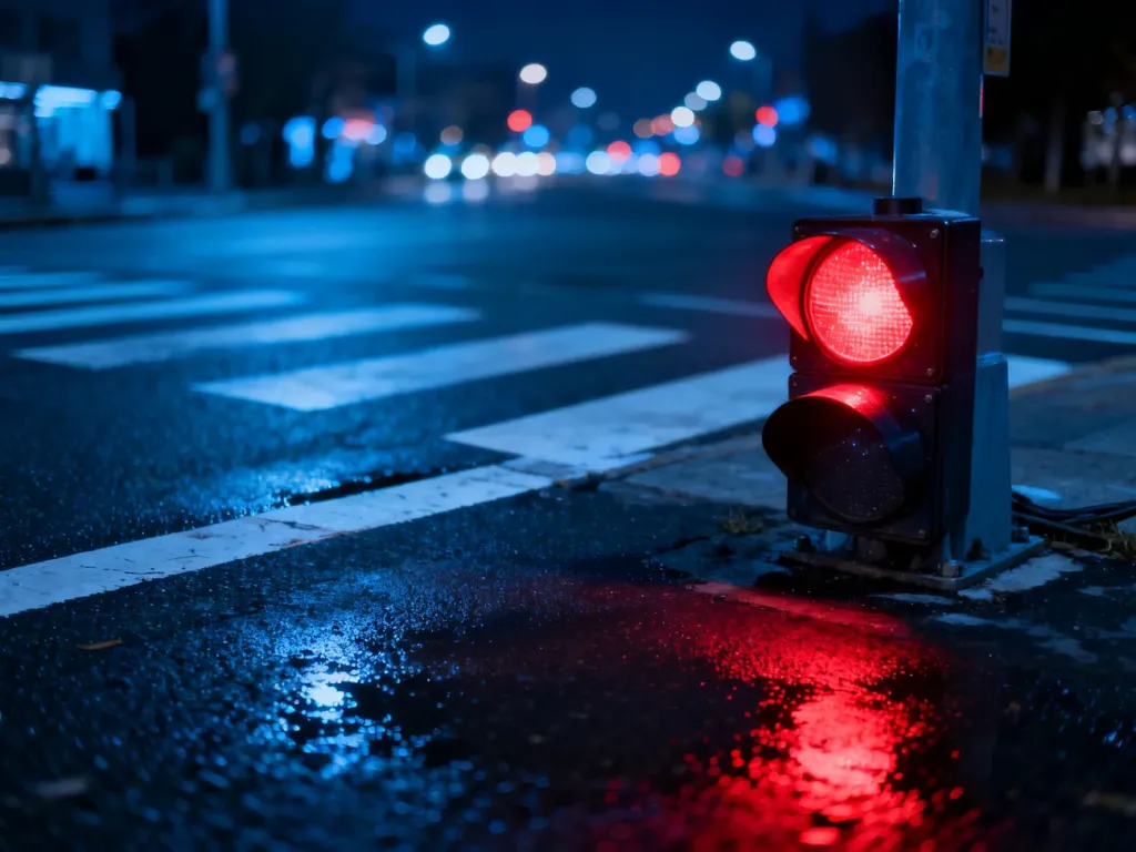Nowoczesna sygnalizacja świetlna w nocy z wyraźnym czerwonym światłem odbijającym się na mokrym asfalcie.