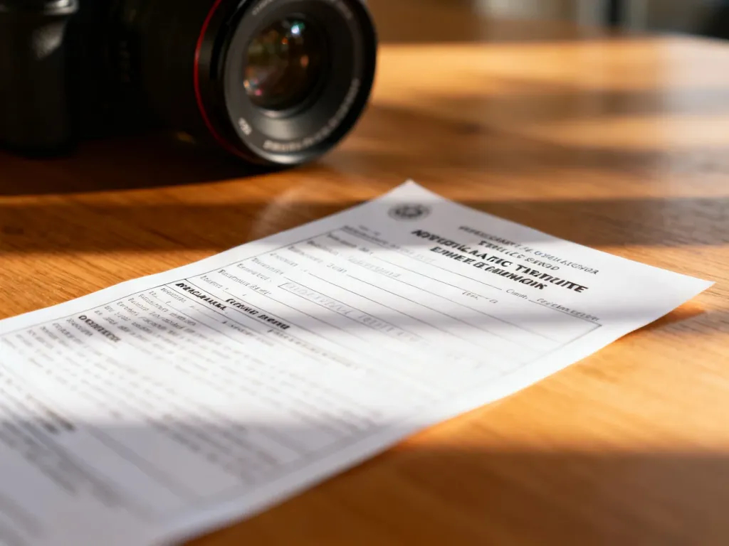 Oficjalny dokument z mandatem za przekroczenie prędkości leżący na drewnianym stole w świetle poranka.