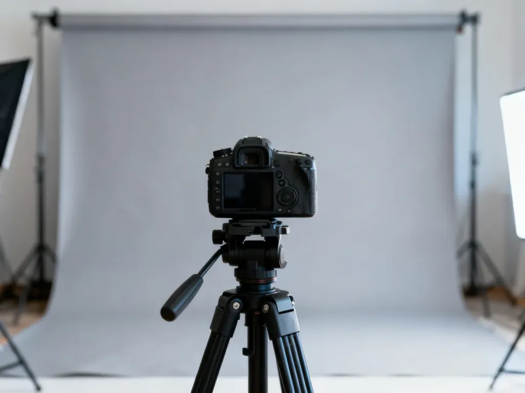 Profesjonalne stanowisko fotograficzne z aparatem i jasnym tłem, przygotowane do wykonania zdjęcia do prawa jazdy.