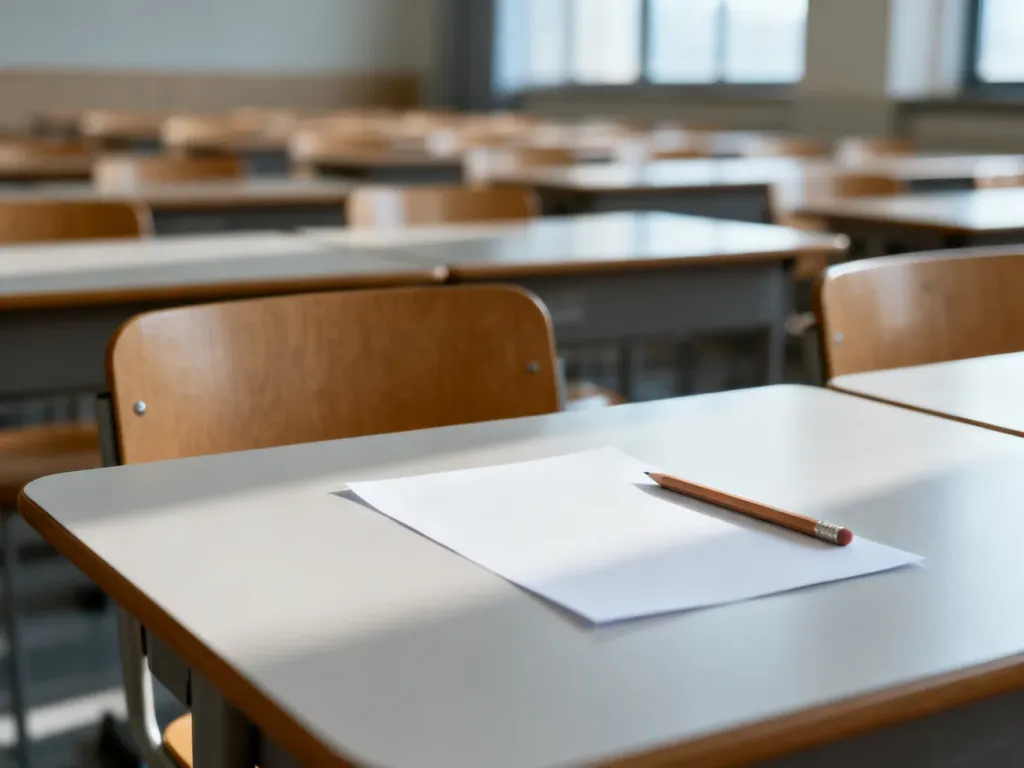 Pusta kartka i ołówek na ławce w cichej sali egzaminacyjnej, gotowe do rozpoczęcia testu.
