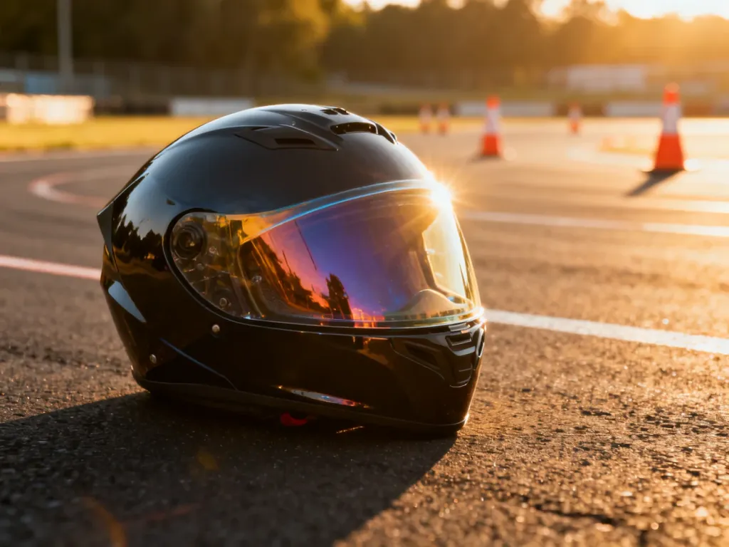 Nowoczesny kask motocyklowy na torze szkoleniowym z widocznymi w tle pachołkami do nauki jazdy.
