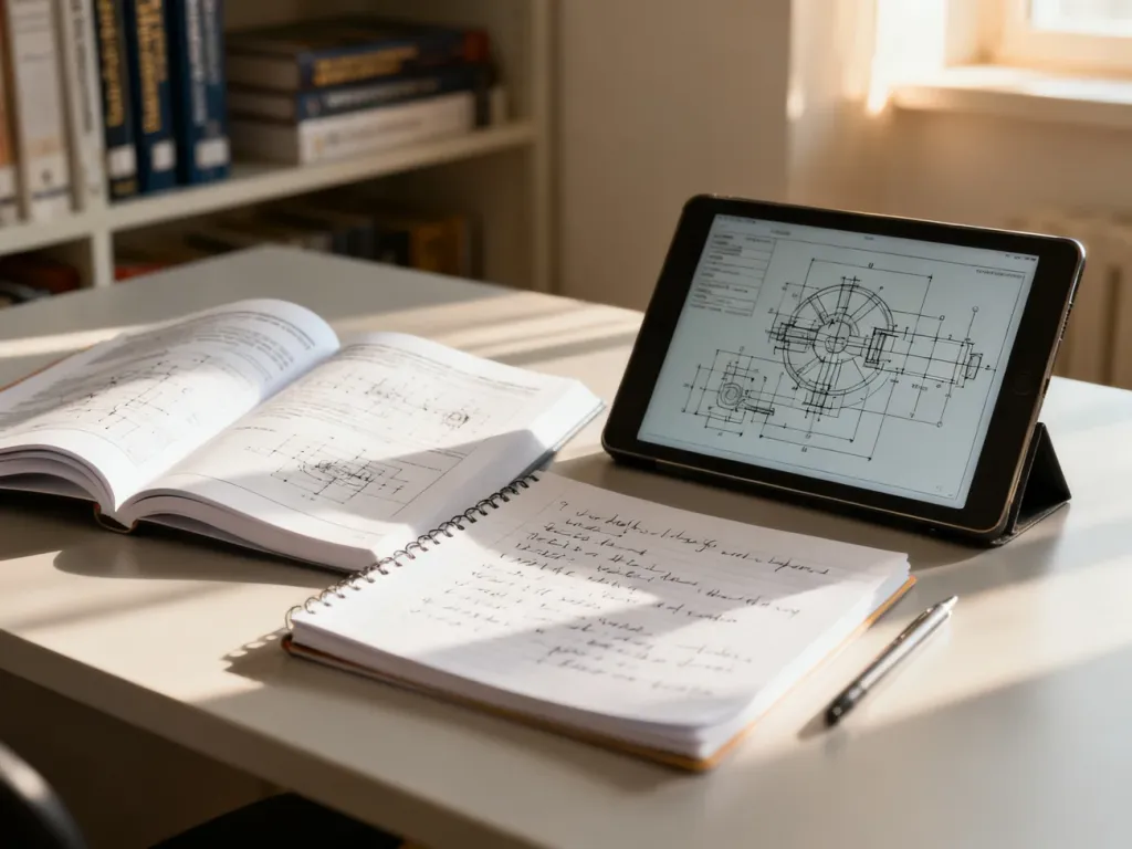 Biurko z podręcznikiem technicznym, tabletem z diagramami i notatkami, tworzące atmosferę sprzyjającą nauce do egzaminu.