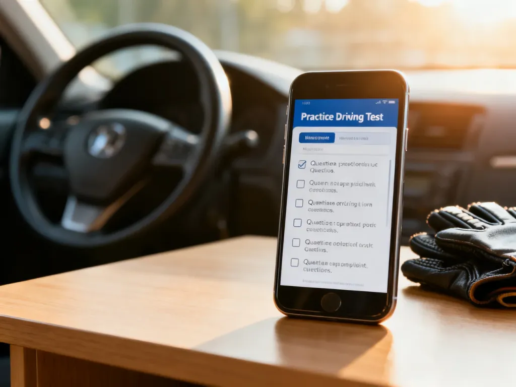Smartfon z otwartą aplikacją do nauki testów na prawo jazdy leżący na biurku obok kierownicy i rękawic do prowadzenia auta.