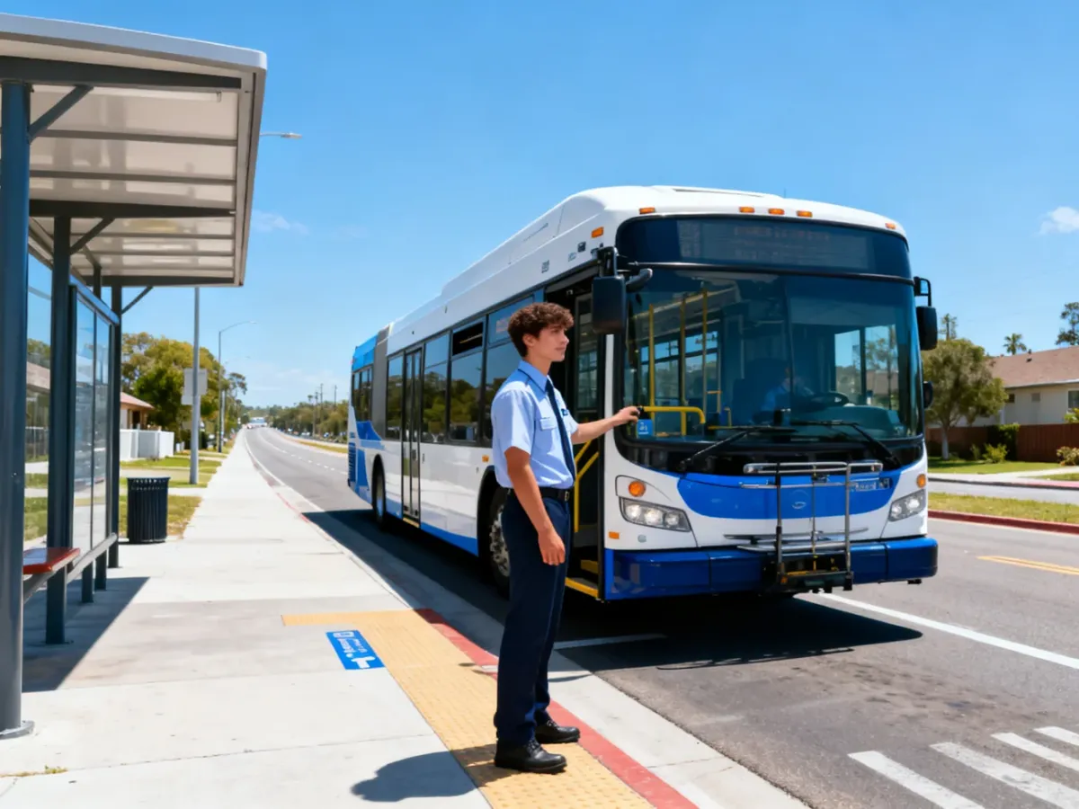 Młody kierowca autobusu stojący przy nowoczesnym autobusie na krótkiej linii podmiejskiej