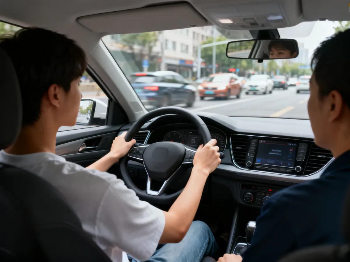 Kursant uczy się jazdy samochodem z automatyczną skrzynią w miejskim ruchu