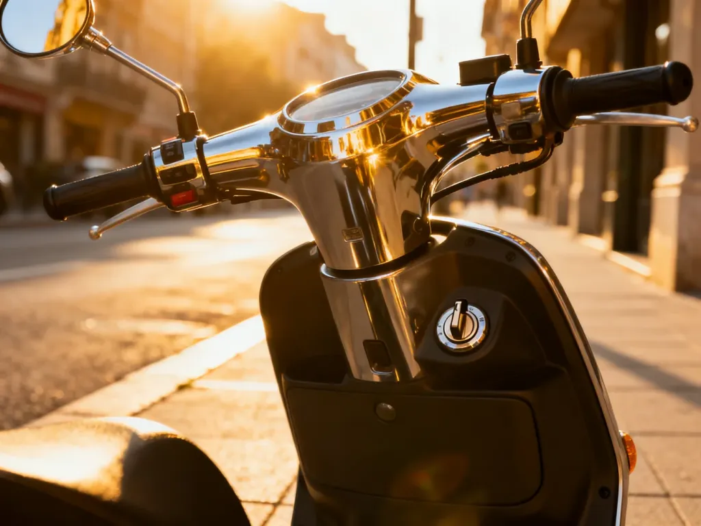 Nowoczesny motorower zaparkowany na miejskim chodniku w promieniach porannego słońca.