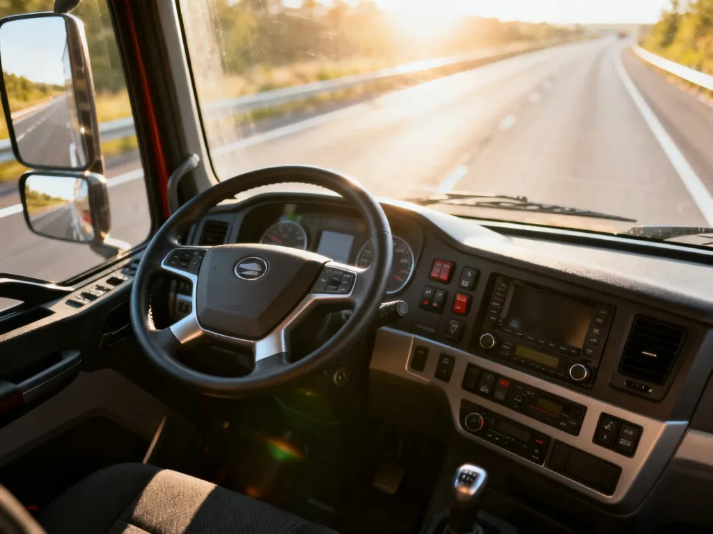 Wnętrze nowoczesnej ciężarówki z widokiem na słoneczną autostradę przez przednią szybę.