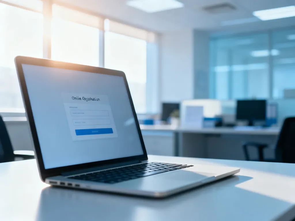 Nowoczesne stanowisko komputerowe z otwartym portalem do rejestracji online na egzamin teoretyczny w WORD.