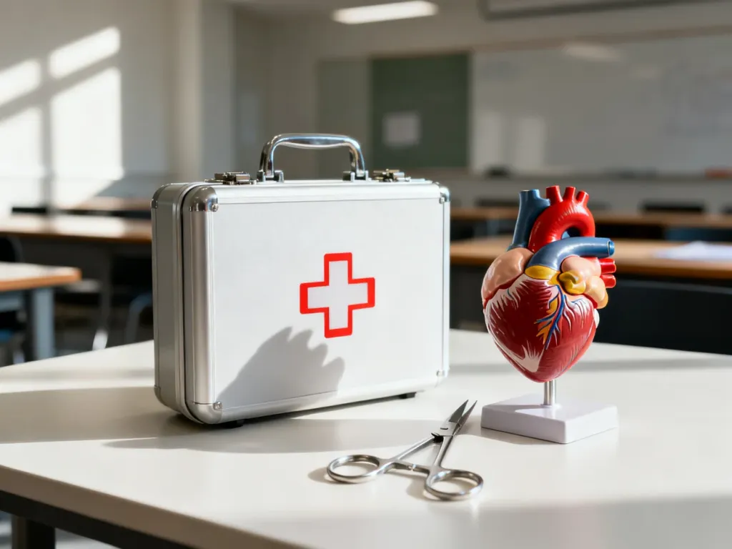 Apteczka pierwszej pomocy, model anatomiczny serca i nożyczki medyczne na stole w sali szkoleniowej.