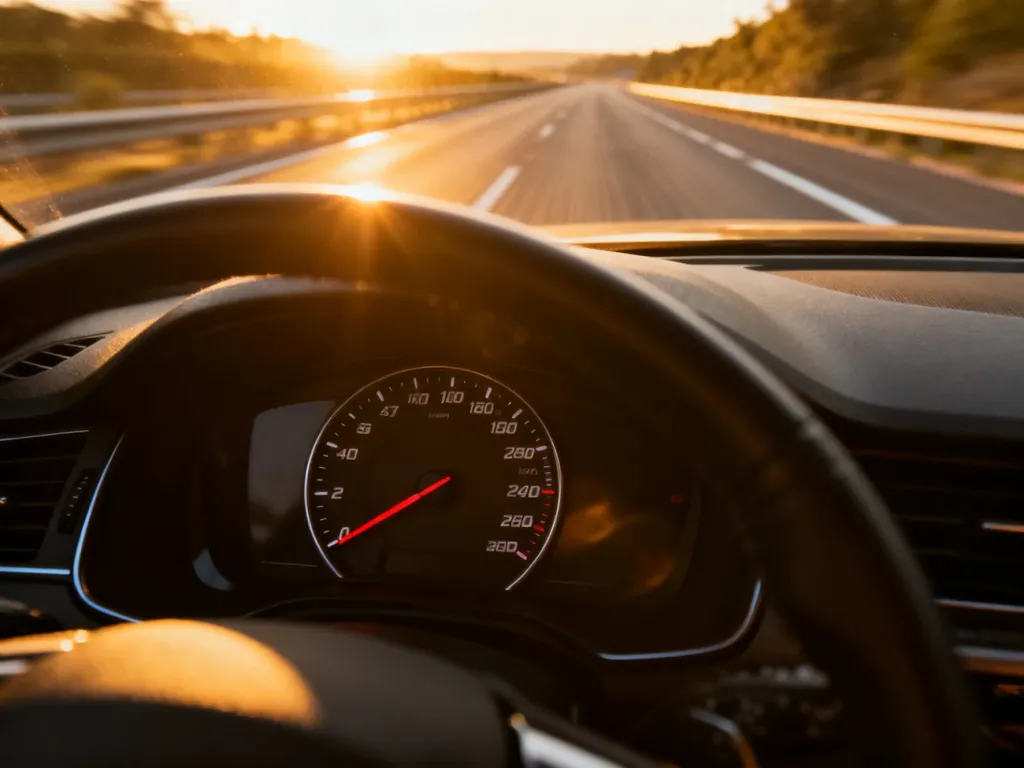 Wskazówka prędkościomierza nowoczesnego samochodu wskazująca wysoką prędkość na tle rozmytej autostrady o zachodzie słońca.
