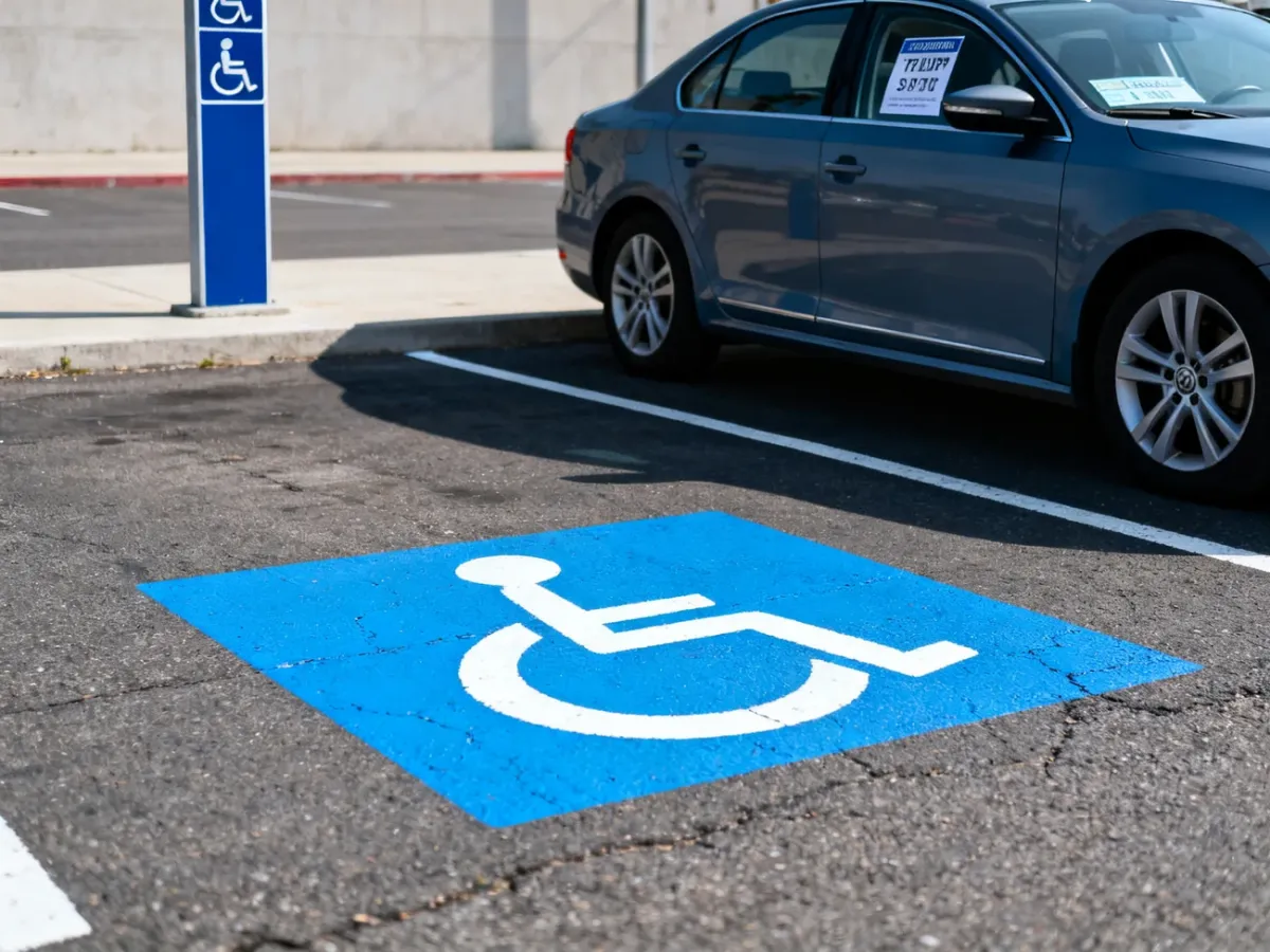 Samochód z kartą parkingową stojący na niebieskim miejscu dla osób z niepełnosprawnościami