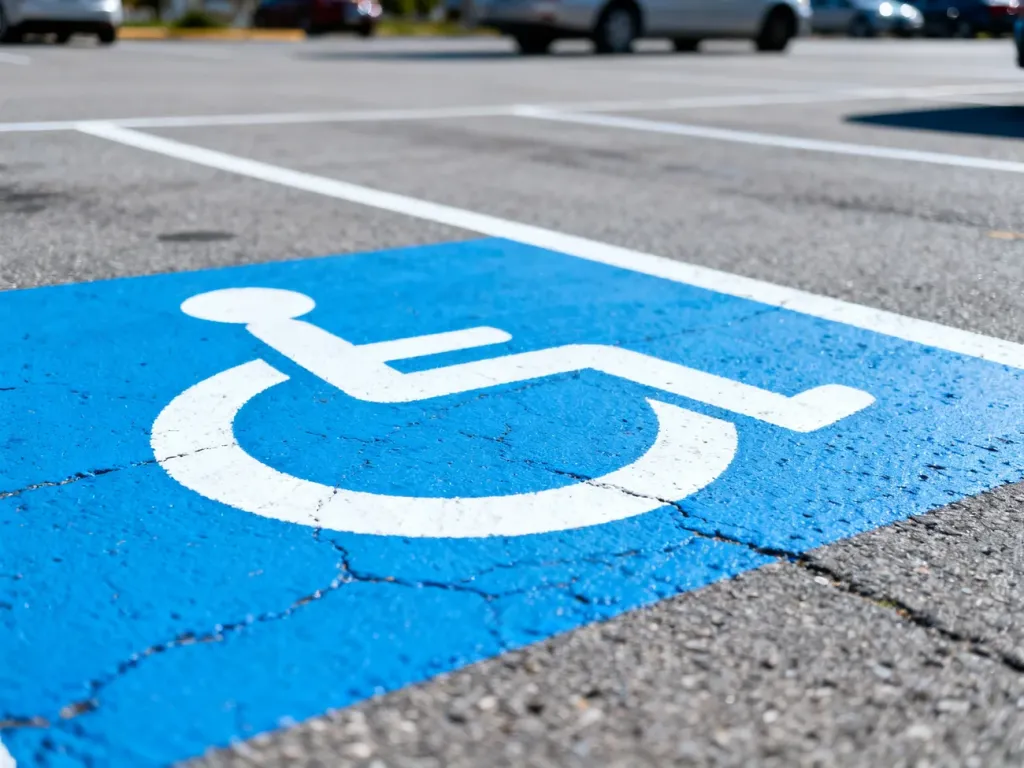Miejsce parkingowe dla osób z niepełnosprawnością oznaczone białym symbolem wózka inwalidzkiego na niebieskim tle.