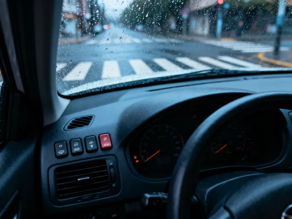 Wnętrze samochodu nauki jazdy z widokiem na deszczowe skrzyżowanie, podkreślające stresującą atmosferę egzaminu.