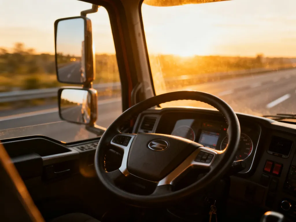 Widok z perspektywy kierowcy na deskę rozdzielczą i kierownicę ciężarówki podczas jazdy autostradą o wschodzie słońca.