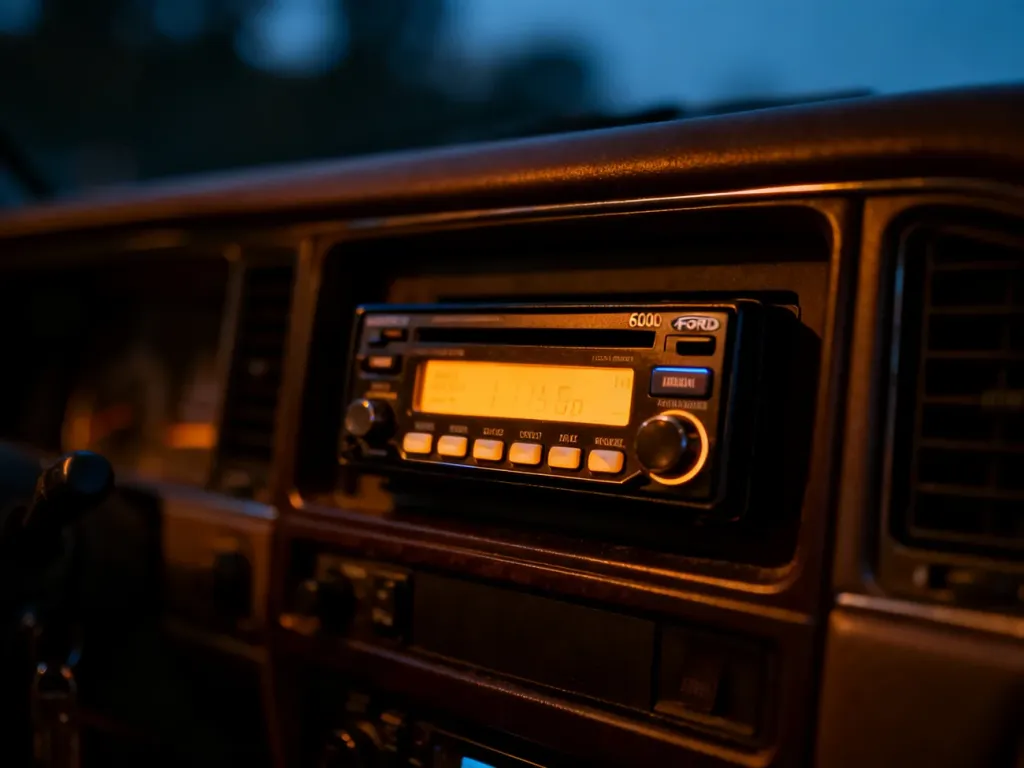 Podświetlony panel radia samochodowego Ford 6000CD zamontowanego w desce rozdzielczej pojazdu.
