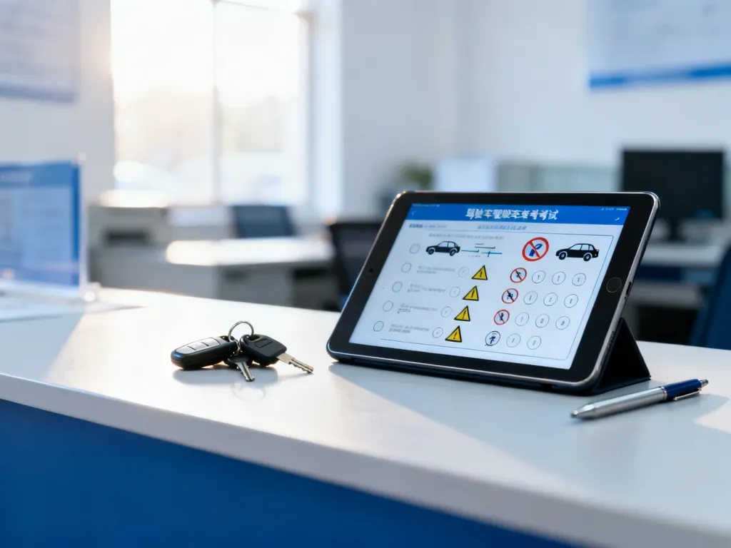 Tablet z przykładowym testem teoretycznym na prawo jazdy oraz kluczyki do samochodu na biurku w ośrodku egzaminacyjnym.
