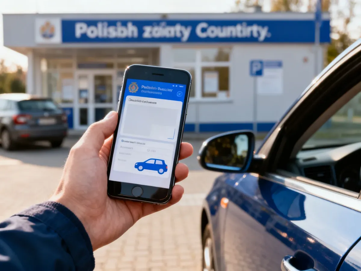 Kierowca sprawdzający status prawa jazdy na smartfonie obok samochodu