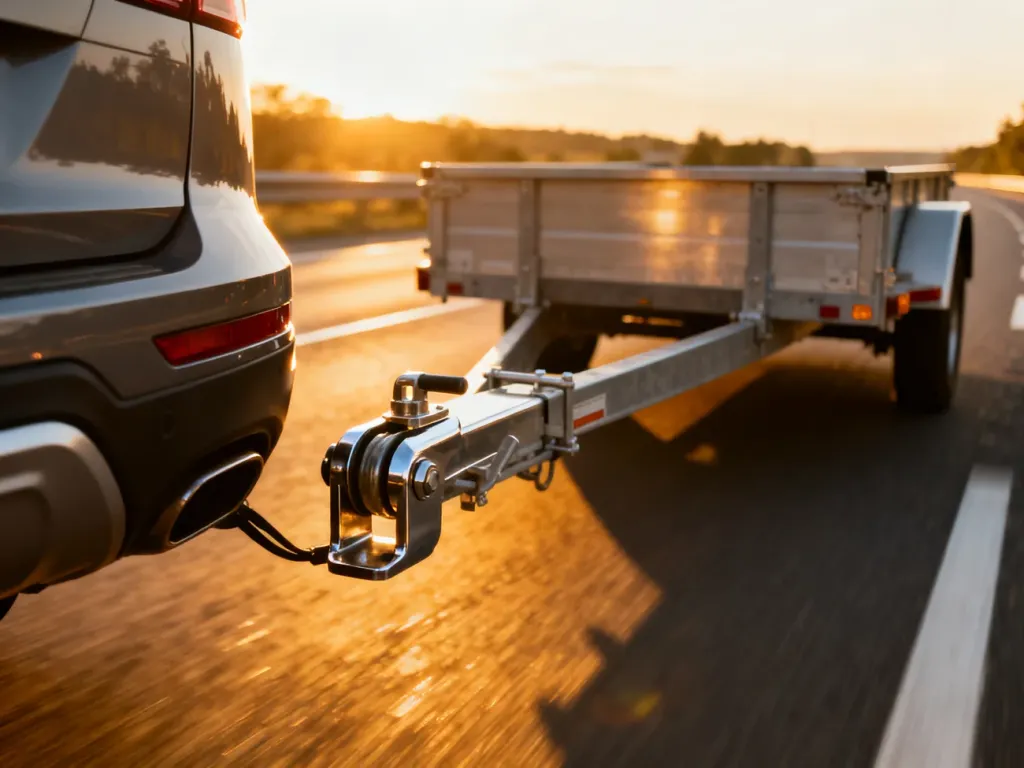 Zbliżenie na hak holowniczy łączący samochód z przyczepą na autostradzie w słoneczny dzień.