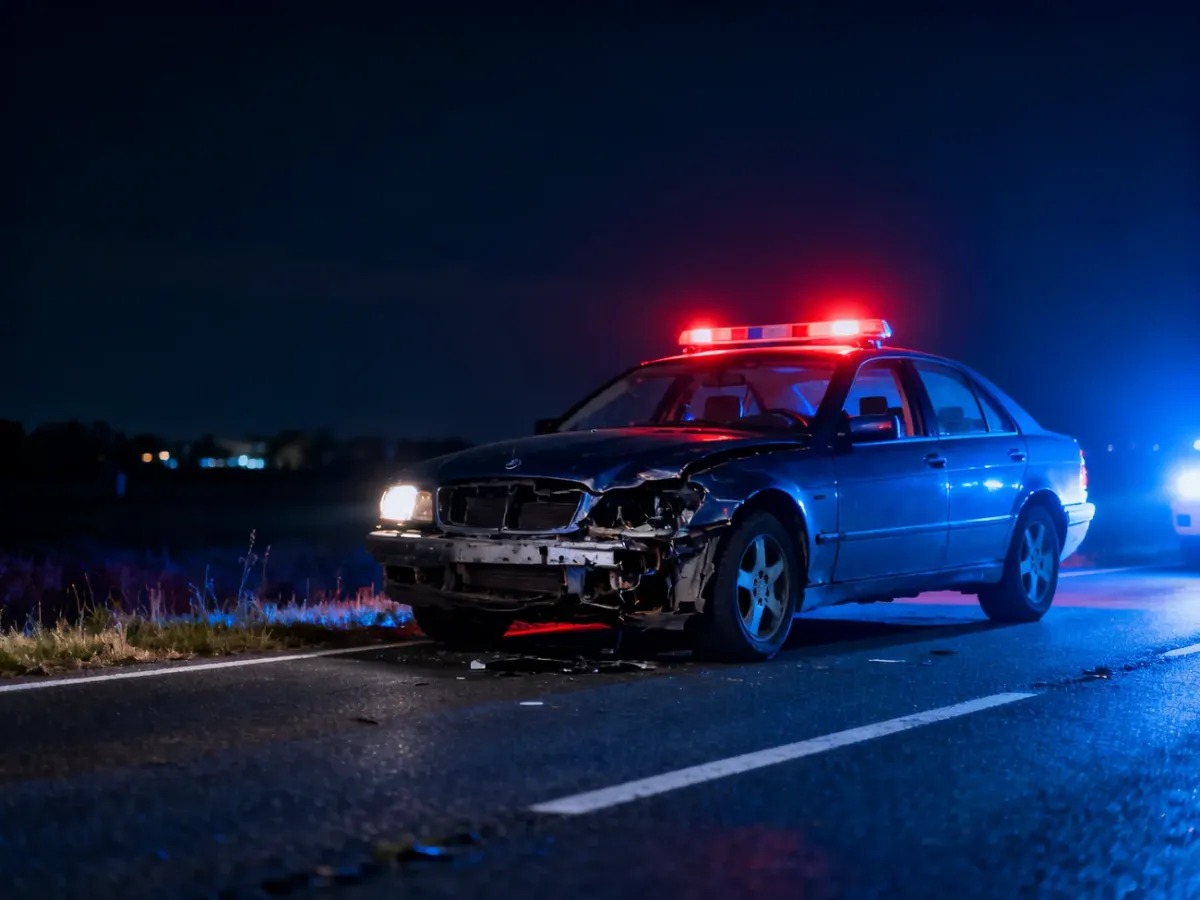 Policja zabezpiecza miejsce wypadku drogowego z uszkodzonym samochodem